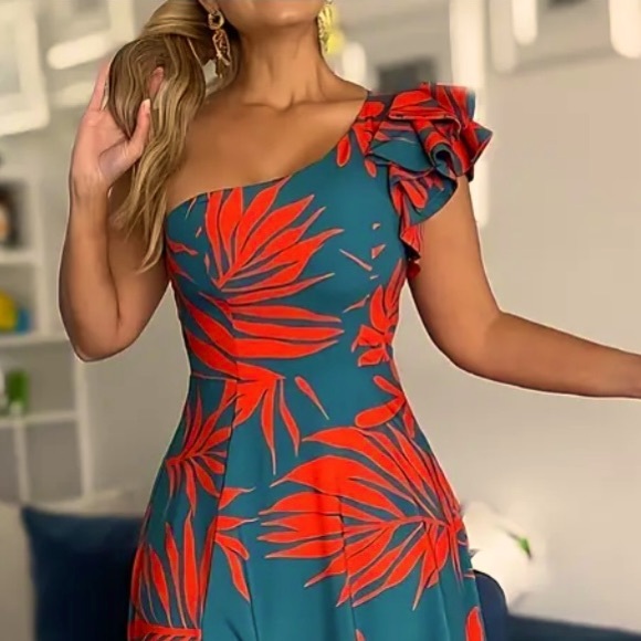 NWT Palm Print Tropical One Shoulder Maxi Dress - Picture 2 of 7